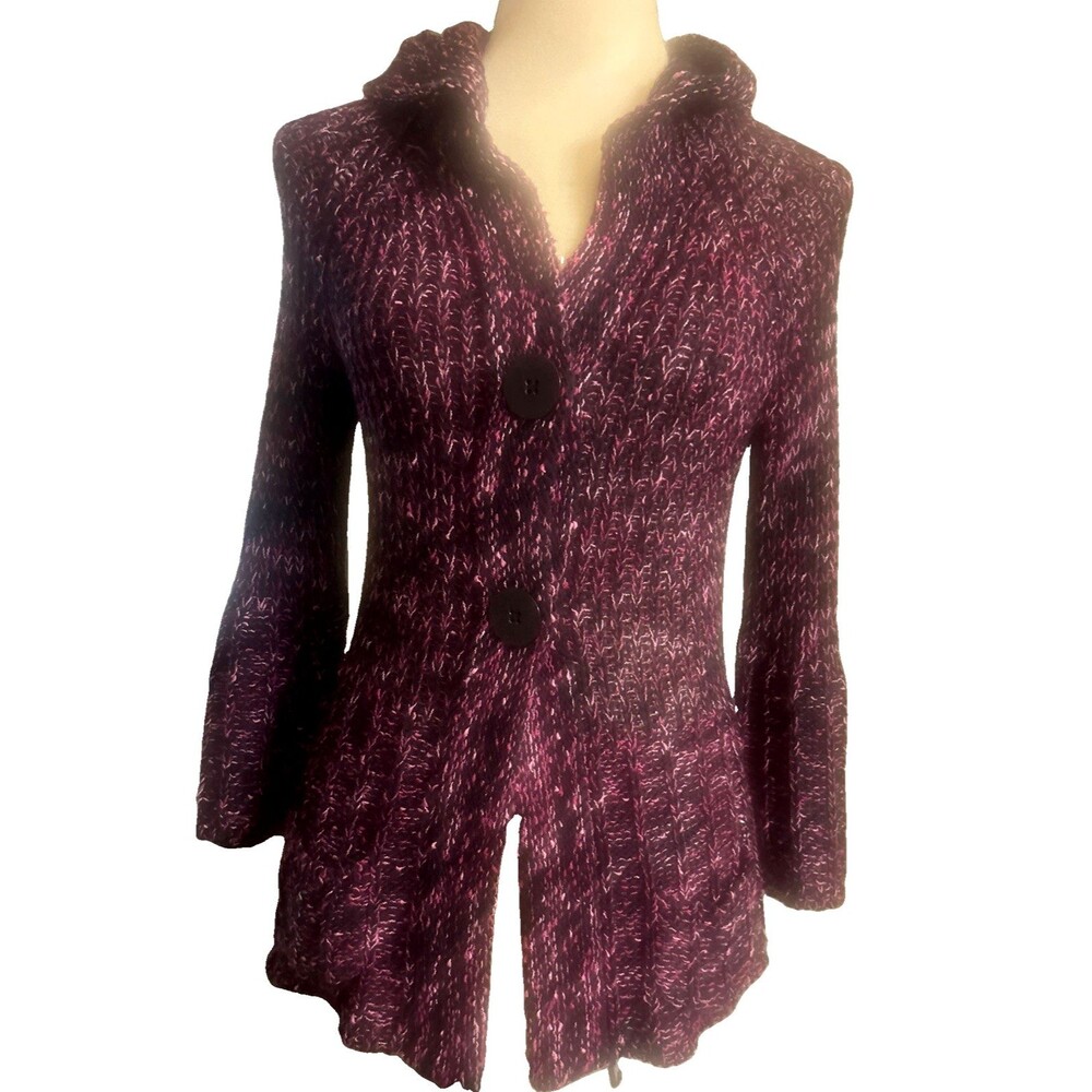 Vertigo Paris Hoodie Cardigan Knit Black Purple Button Pocket Sweater Y2K Sz S